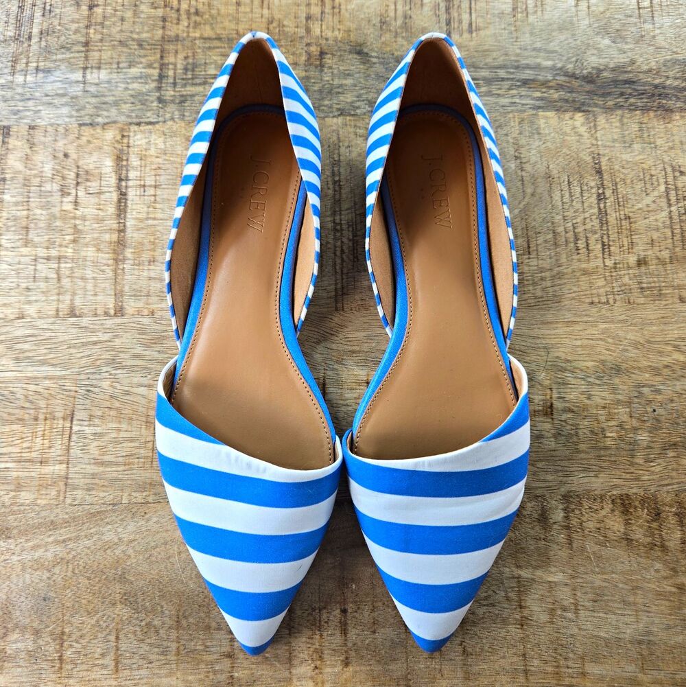 J.Crew Womens 8 Blue White Striped Pointed Toe D'Orsay Flats Slip On